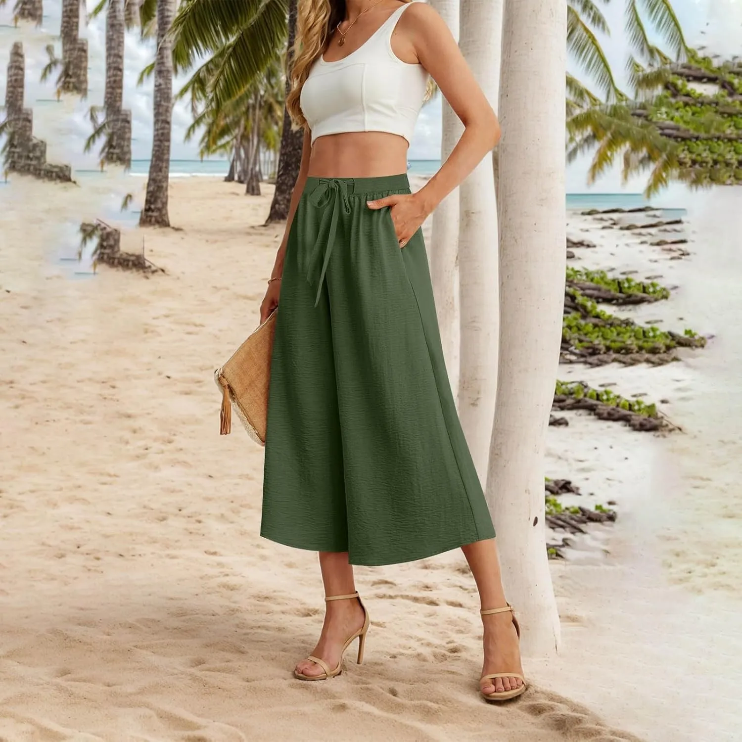 Womens Flowy Linen Pants with Pockets Casual Palazzo Trousers for Women Ladies Wide Leg Beach Loose Capris Flare Pant