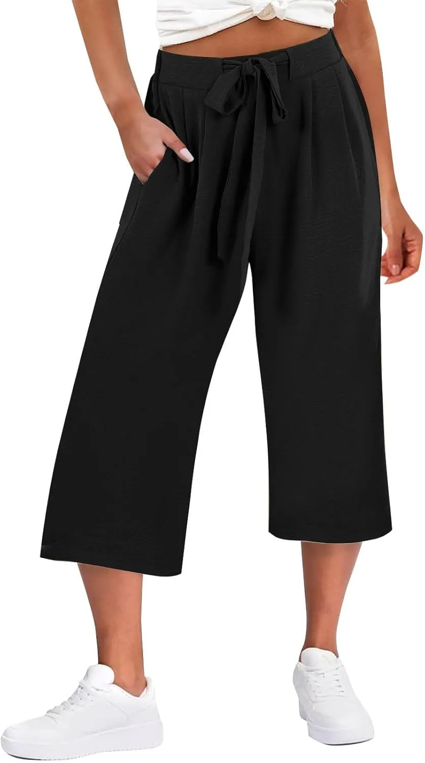 Womens Flowy Linen Pants with Pockets Casual Palazzo Trousers for Women Ladies Wide Leg Beach Loose Capris Flare Pant