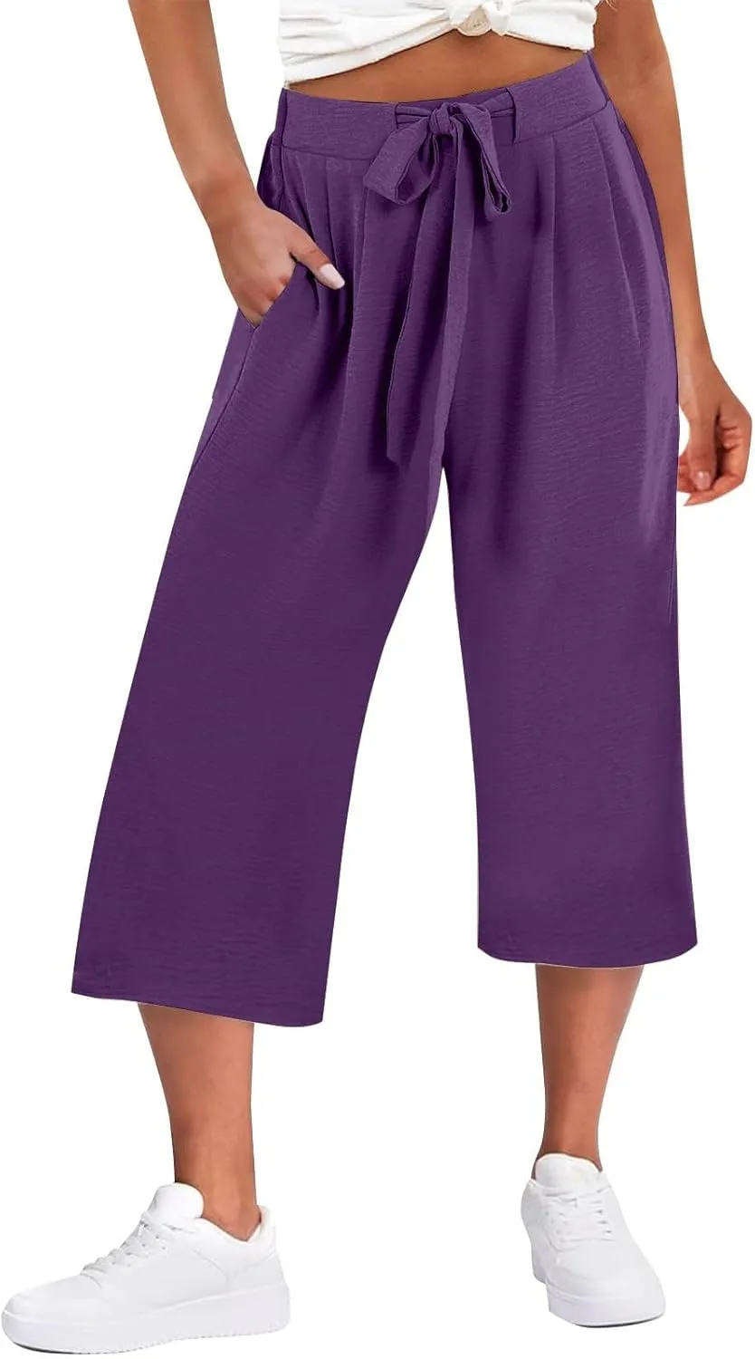 Womens Flowy Linen Pants with Pockets Casual Palazzo Trousers for Women Ladies Wide Leg Beach Loose Capris Flare Pant