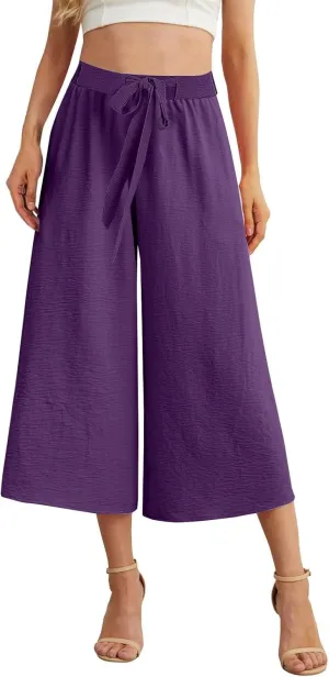 Womens Flowy Linen Pants with Pockets Casual Palazzo Trousers for Women Ladies Wide Leg Beach Loose Capris Flare Pant