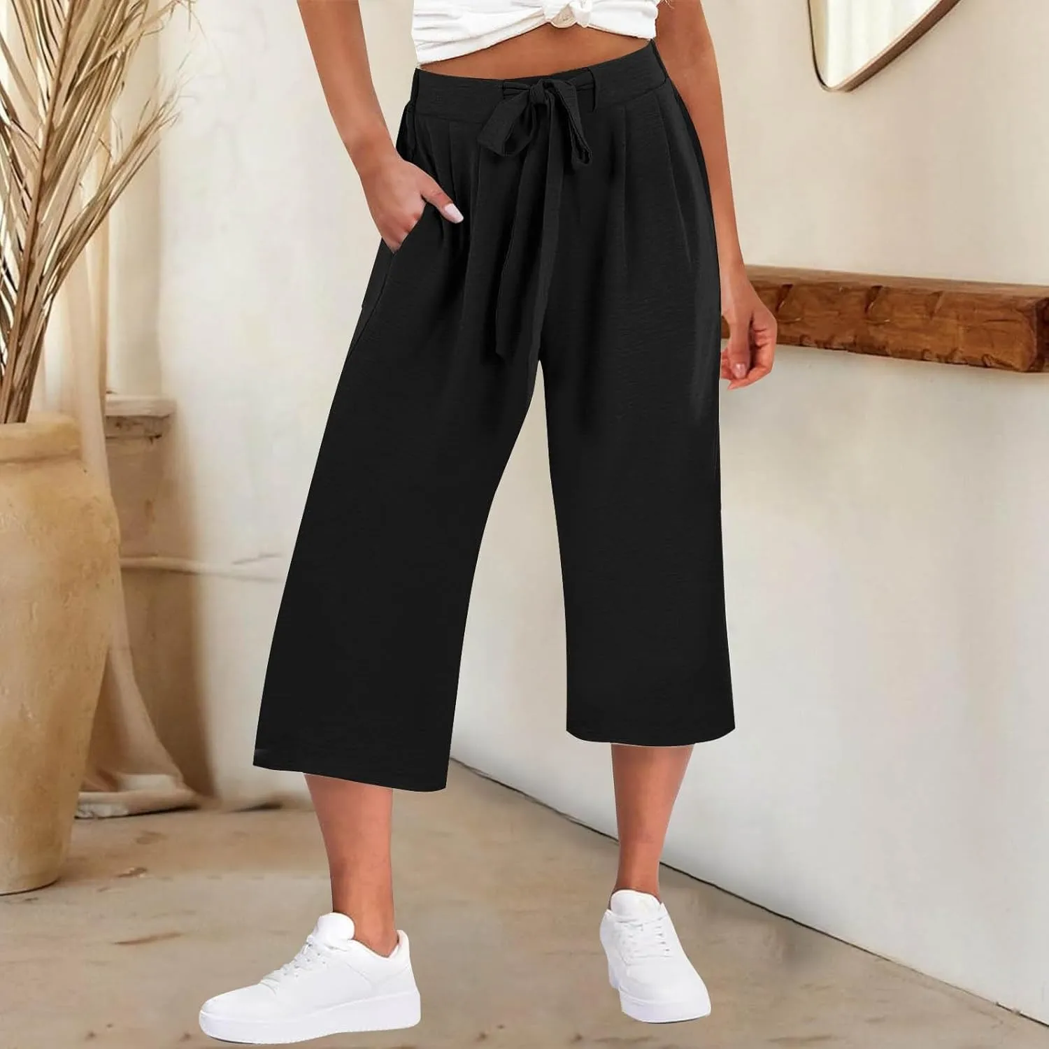 Womens Flowy Linen Pants with Pockets Casual Palazzo Trousers for Women Ladies Wide Leg Beach Loose Capris Flare Pant