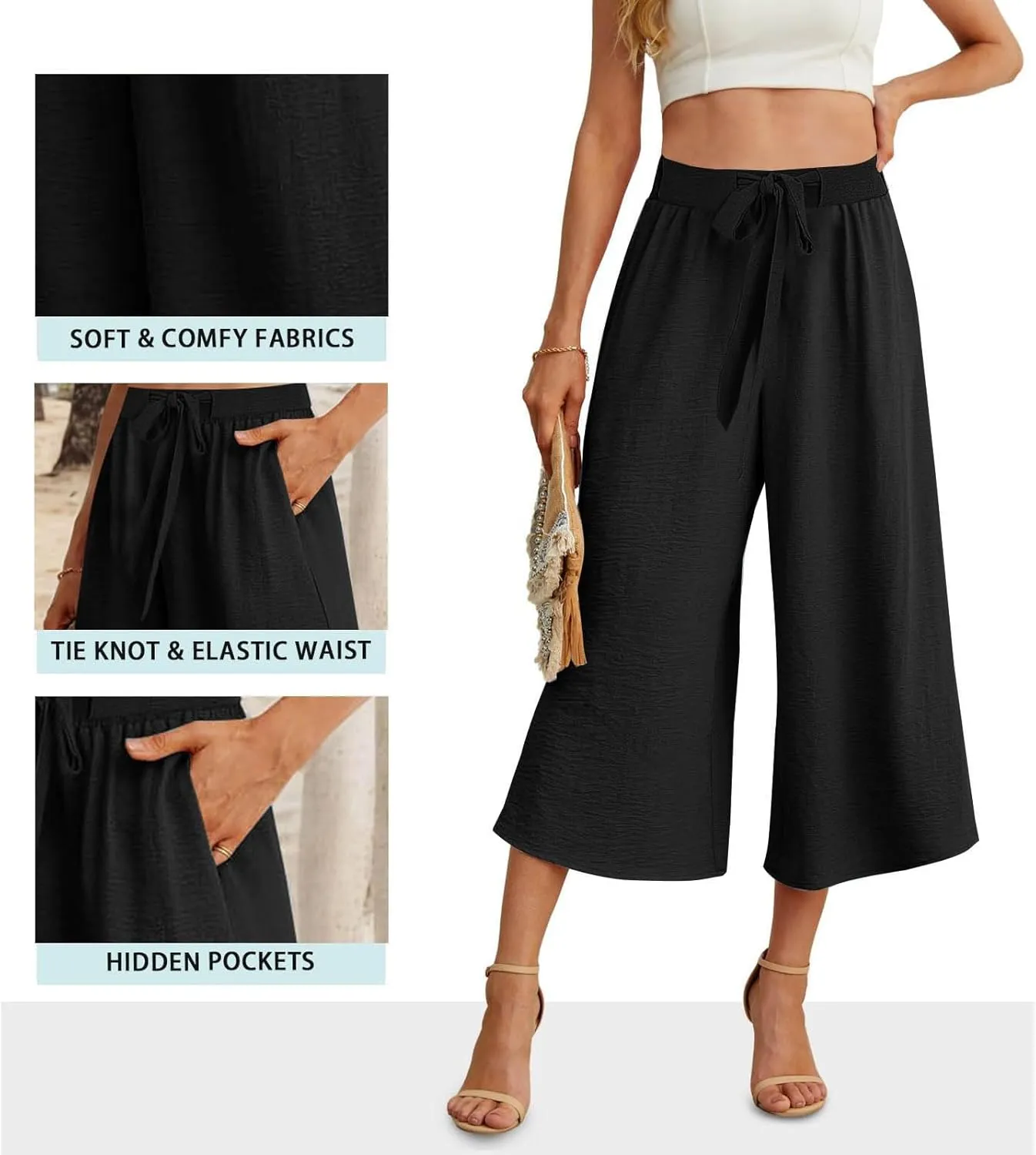 Womens Flowy Linen Pants with Pockets Casual Palazzo Trousers for Women Ladies Wide Leg Beach Loose Capris Flare Pant