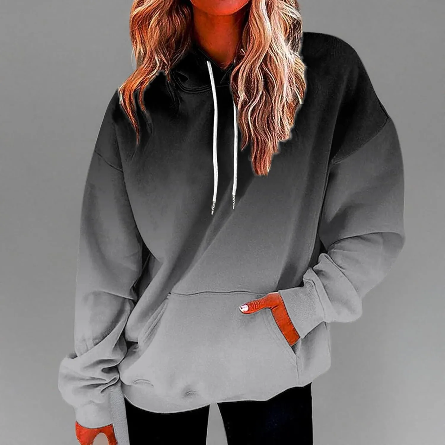Womens Gradient Print Oversized Sweatshirt Drawstring Pullover with Pocket Trendy Sweater Tops Fashion Clothes 1