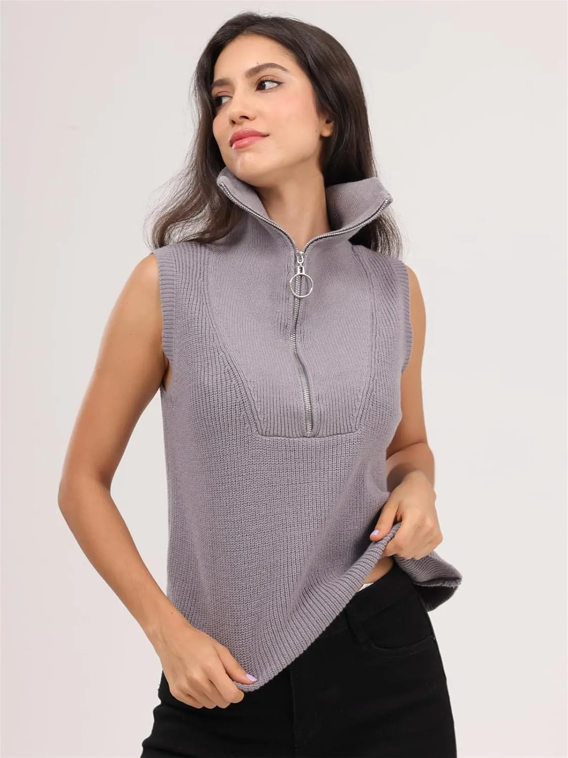 Women's Half Zip Knit Sweater Vest Sleeveless Mock Neck Twist Front Pullover Tank Tops