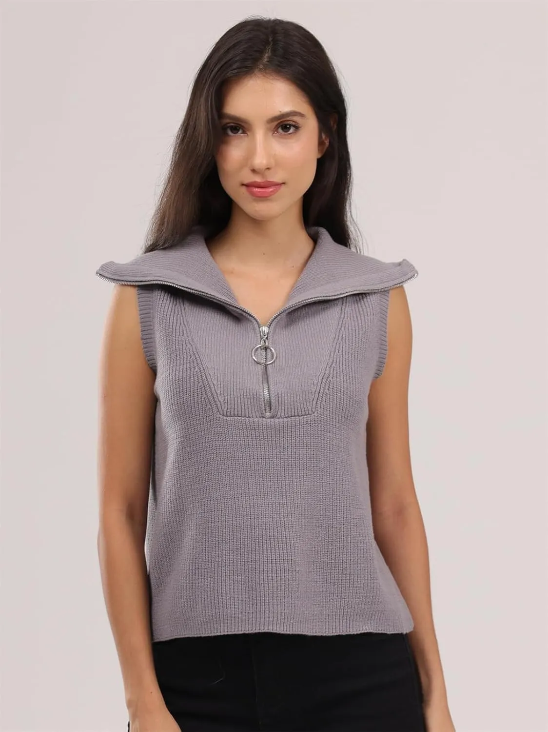 Women's Half Zip Knit Sweater Vest Sleeveless Mock Neck Twist Front Pullover Tank Tops
