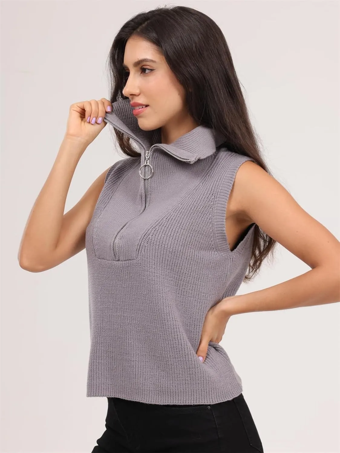 Women's Half Zip Knit Sweater Vest Sleeveless Mock Neck Twist Front Pullover Tank Tops