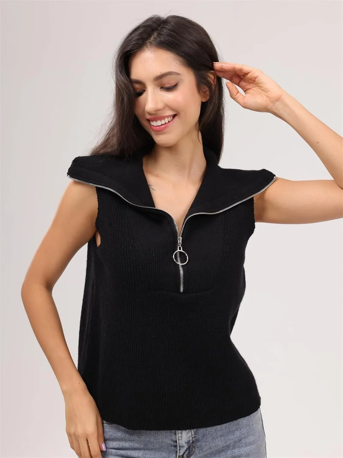 Women's Half Zip Knit Sweater Vest Sleeveless Mock Neck Twist Front Pullover Tank Tops