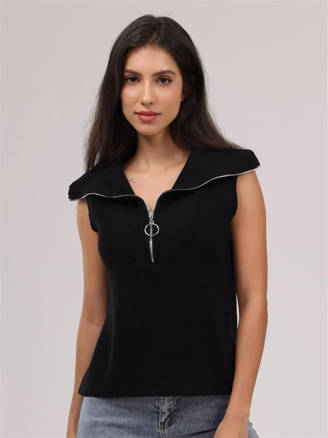 Women's Half Zip Knit Sweater Vest Sleeveless Mock Neck Twist Front Pullover Tank Tops
