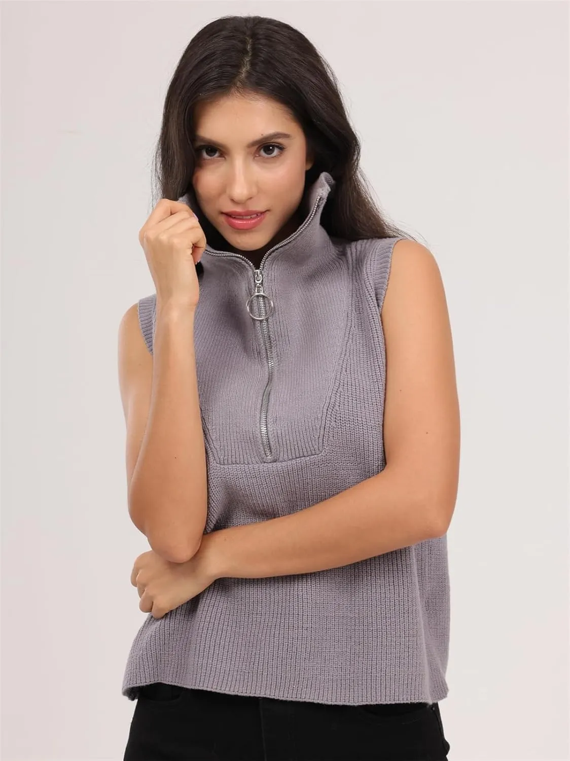 Women's Half Zip Knit Sweater Vest Sleeveless Mock Neck Twist Front Pullover Tank Tops