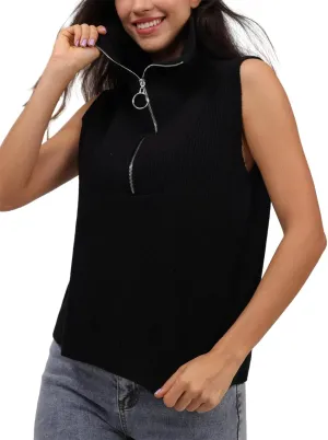 Women's Half Zip Knit Sweater Vest Sleeveless Mock Neck Twist Front Pullover Tank Tops