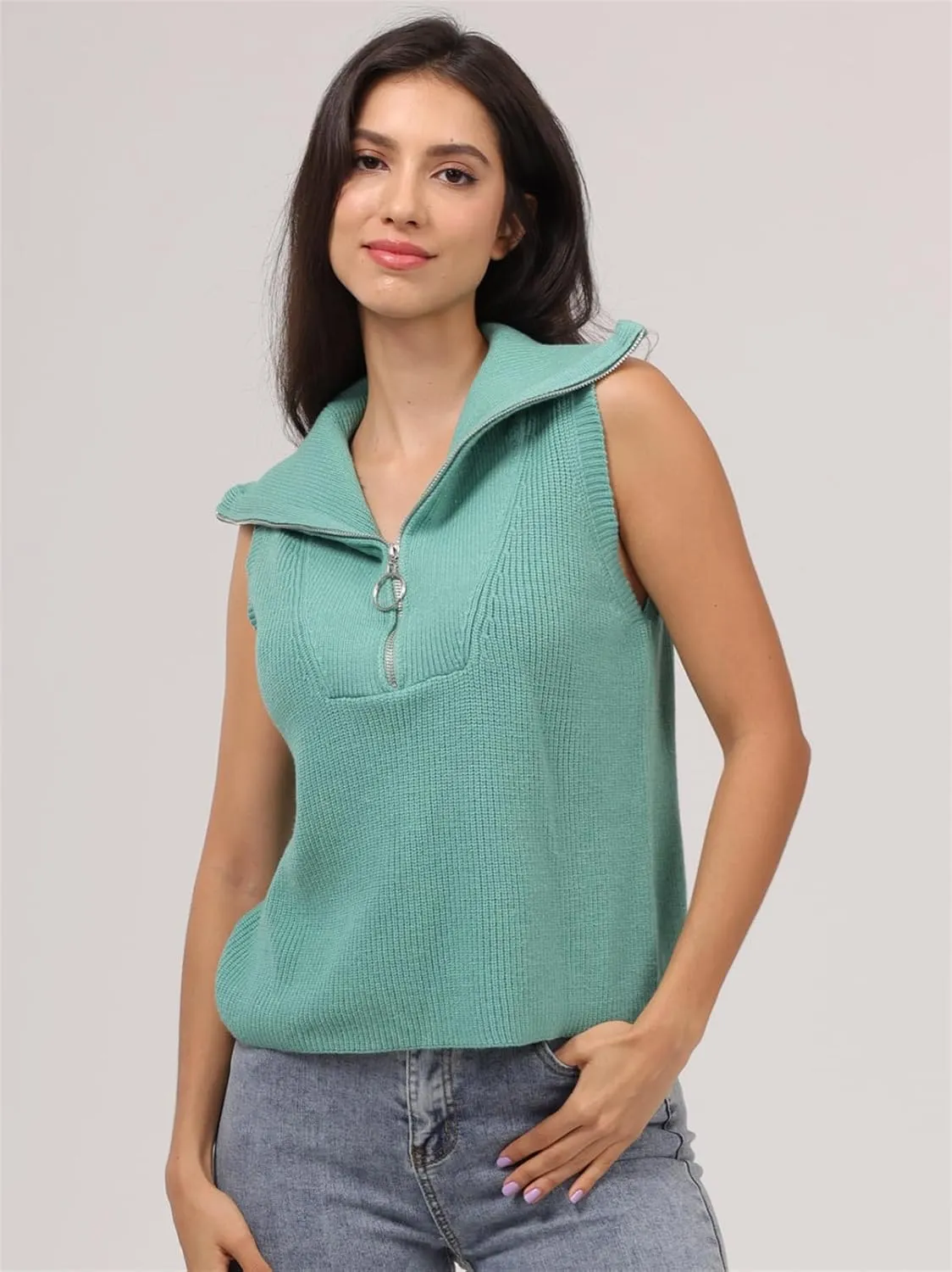 Women's Half Zip Knit Sweater Vest Sleeveless Mock Neck Twist Front Pullover Tank Tops