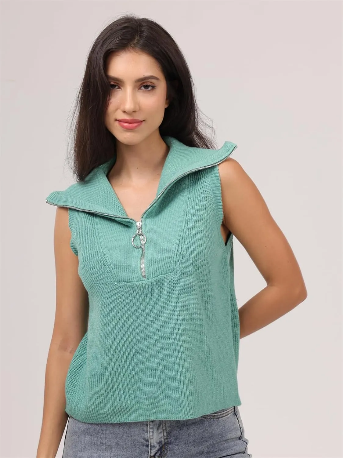 Women's Half Zip Knit Sweater Vest Sleeveless Mock Neck Twist Front Pullover Tank Tops