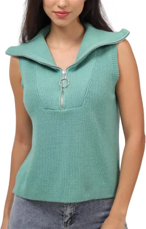Women's Half Zip Knit Sweater Vest Sleeveless Mock Neck Twist Front Pullover Tank Tops
