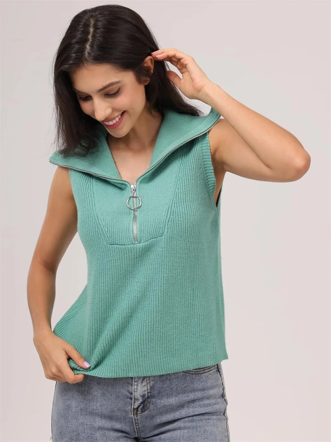 Women's Half Zip Knit Sweater Vest Sleeveless Mock Neck Twist Front Pullover Tank Tops