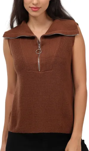 Women's Half Zip Knit Sweater Vest Sleeveless Mock Neck Twist Front Pullover Tank Tops