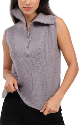 Women's Half Zip Knit Sweater Vest Sleeveless Mock Neck Twist Front Pullover Tank Tops