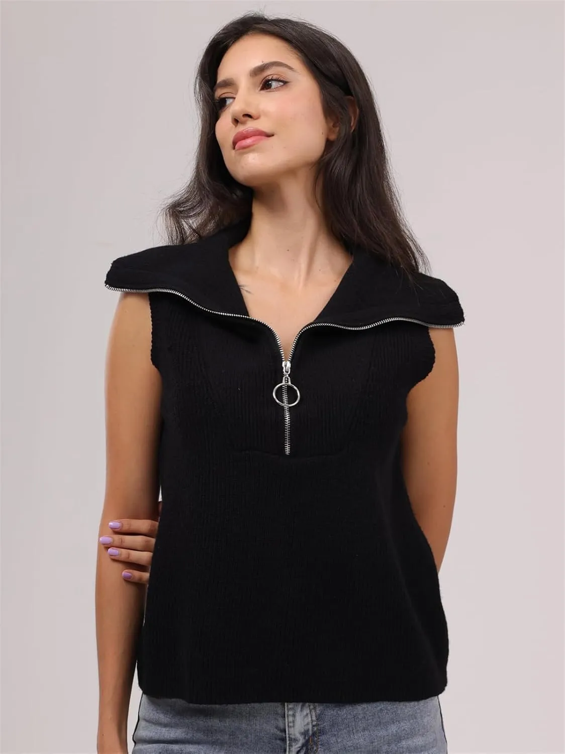 Women's Half Zip Knit Sweater Vest Sleeveless Mock Neck Twist Front Pullover Tank Tops