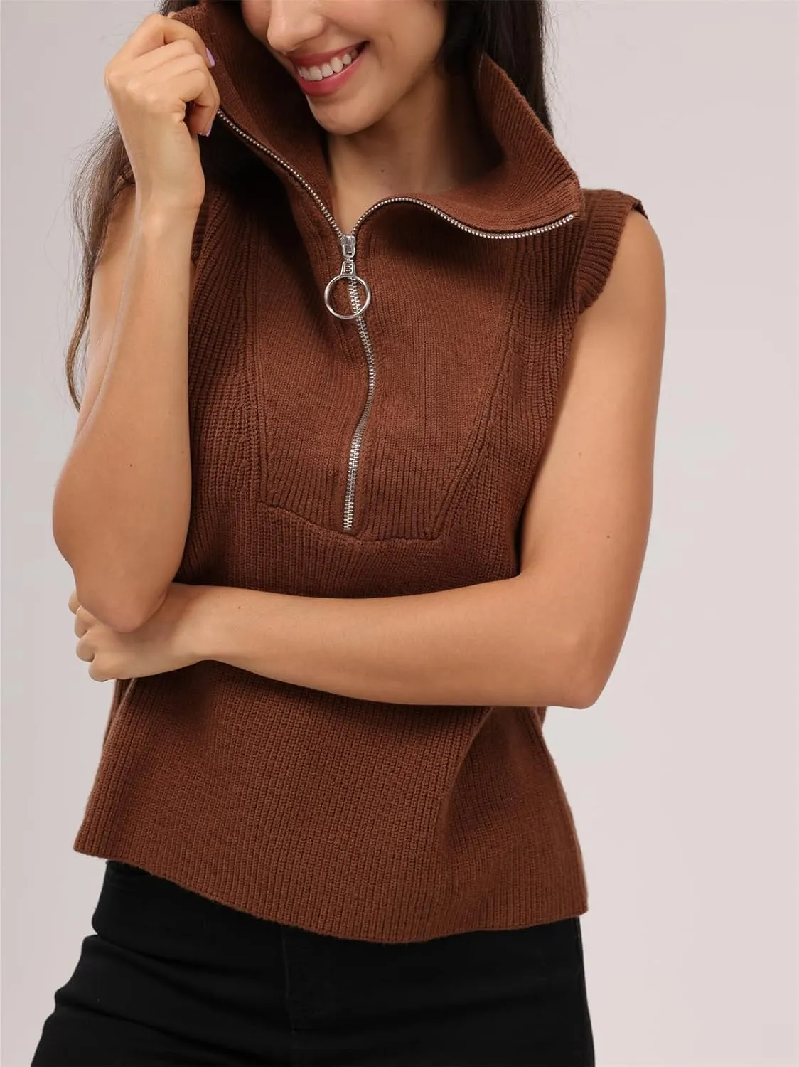 Women's Half Zip Knit Sweater Vest Sleeveless Mock Neck Twist Front Pullover Tank Tops