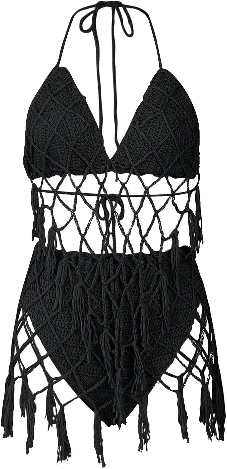 Women's Halter Bikini Set Sexy Crochet Hollow Two Piece Swimsuits Summer Beach Vacation Bathing Suit Bikini Swimwear