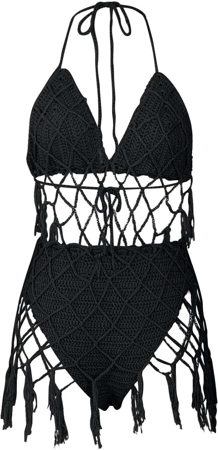 Women's Halter Bikini Set Sexy Crochet Hollow Two Piece Swimsuits Summer Beach Vacation Bathing Suit Bikini Swimwear