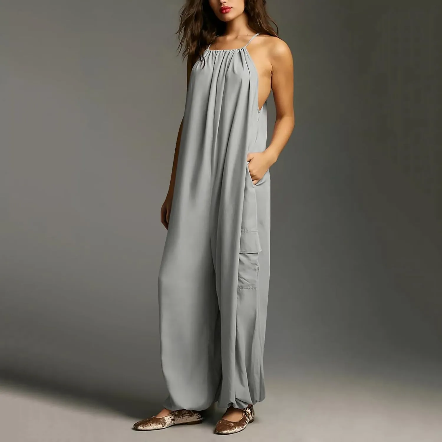 Women's Jumpsuits Retro Jumpsuit Summer Beach Sleeveless Round Neck Solid Color Casual Fashion Jumpsuit, M-3XL