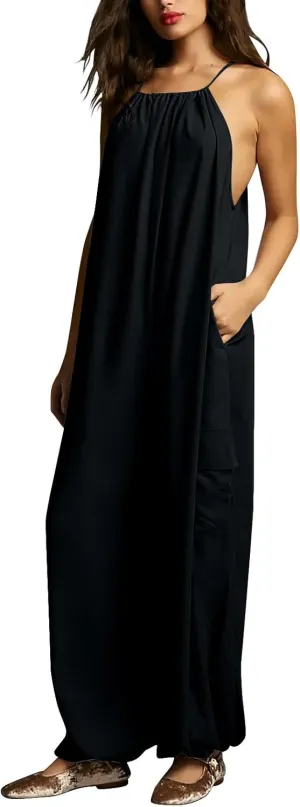 Women's Jumpsuits Retro Jumpsuit Summer Beach Sleeveless Round Neck Solid Color Casual Fashion Jumpsuit, M-3XL