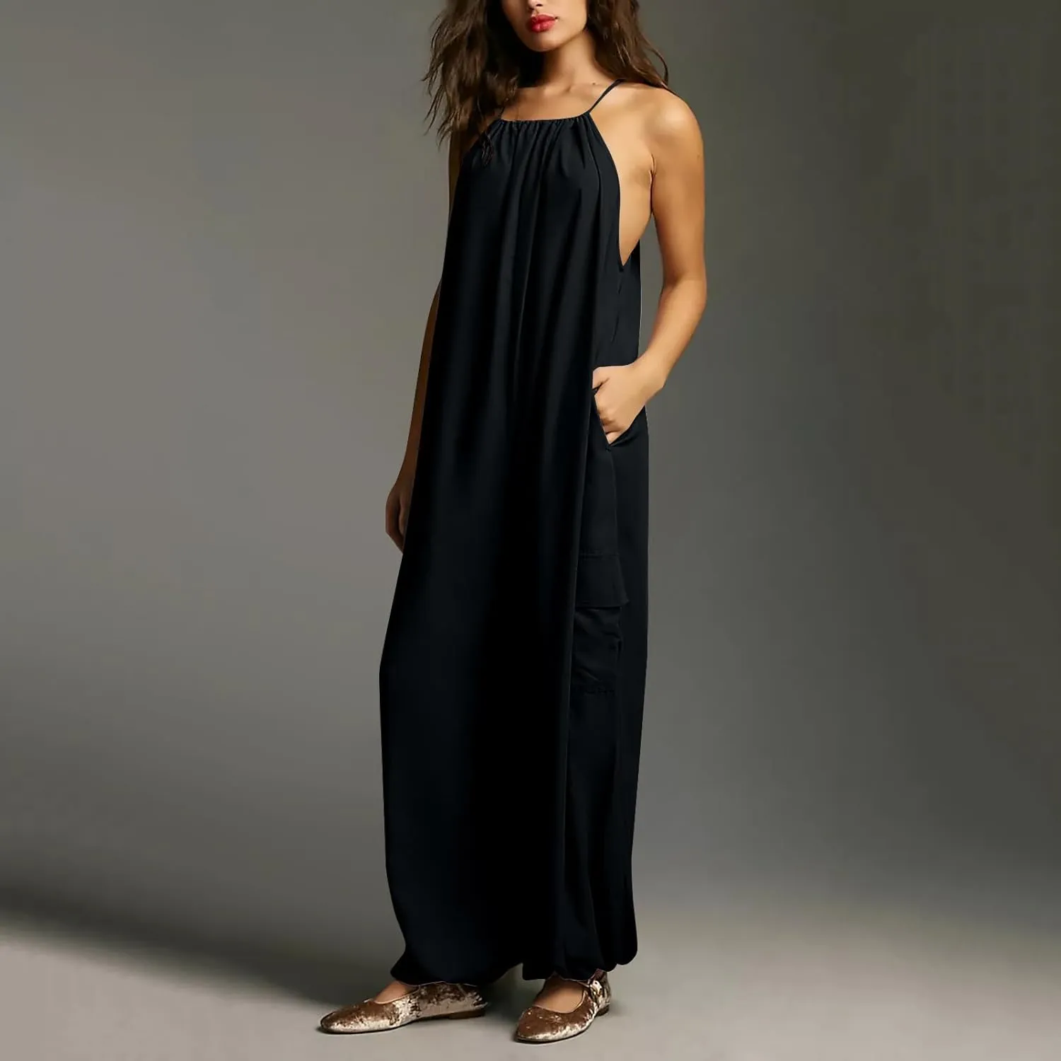Women's Jumpsuits Retro Jumpsuit Summer Beach Sleeveless Round Neck Solid Color Casual Fashion Jumpsuit, M-3XL