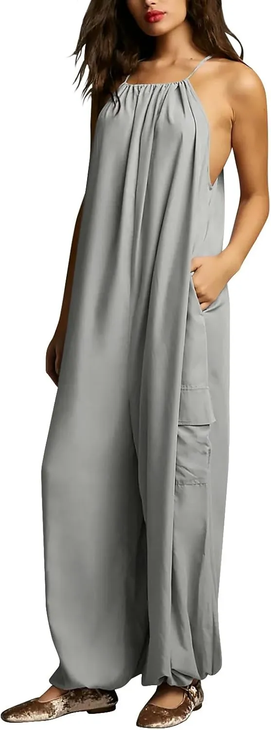 Women's Jumpsuits Retro Jumpsuit Summer Beach Sleeveless Round Neck Solid Color Casual Fashion Jumpsuit, M-3XL