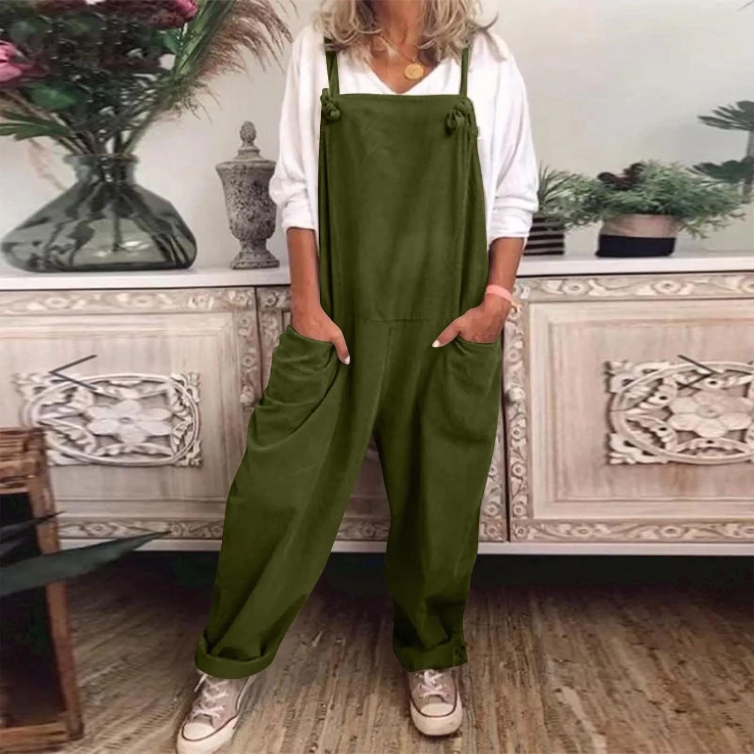 Women's Jumpsuits, Rompers & Overalls Loose Fit Linen Plus Size Sleeveless Jumpsuits Adjustable Straps Oversized Rompers
