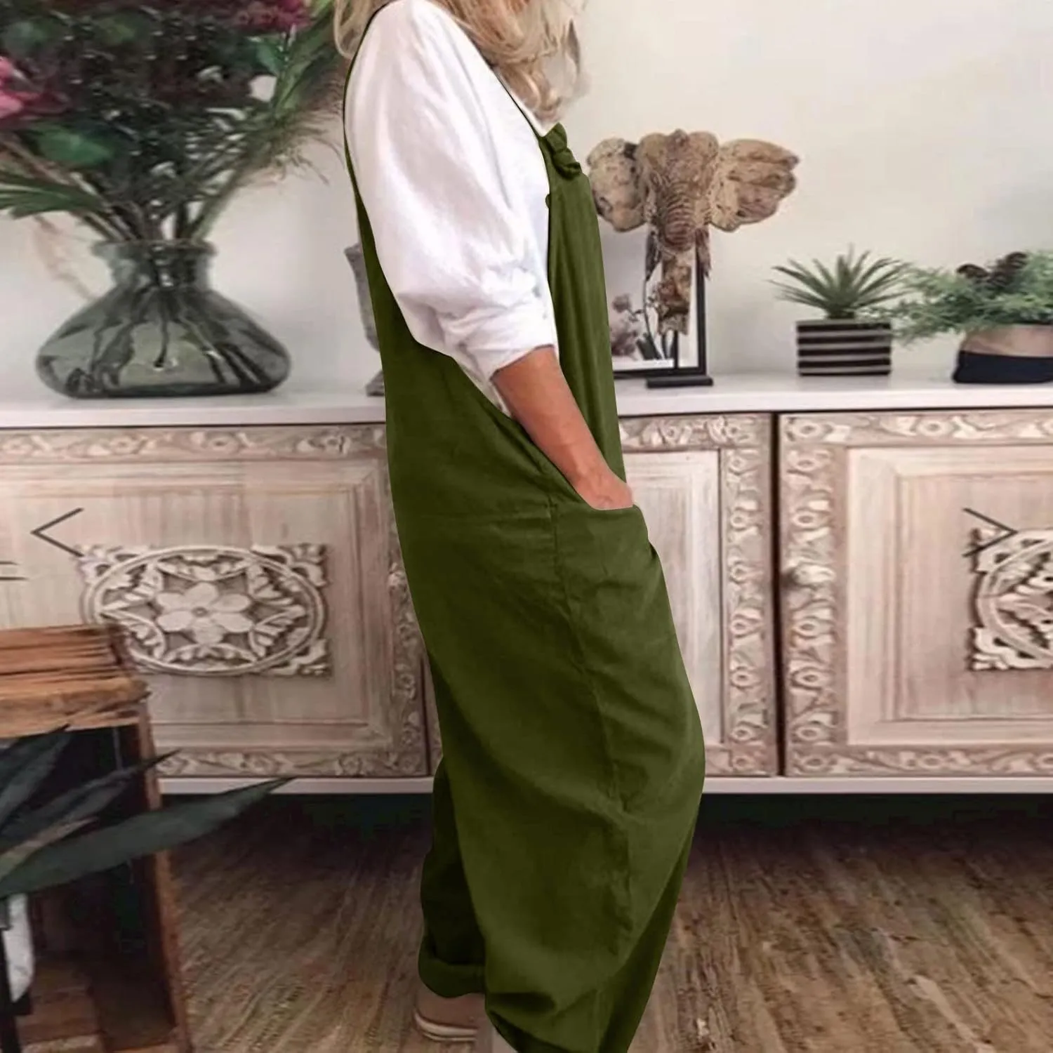 Women's Jumpsuits, Rompers & Overalls Loose Fit Linen Plus Size Sleeveless Jumpsuits Adjustable Straps Oversized Rompers
