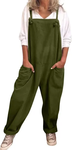 Women's Jumpsuits, Rompers & Overalls Loose Fit Linen Plus Size Sleeveless Jumpsuits Adjustable Straps Oversized Rompers