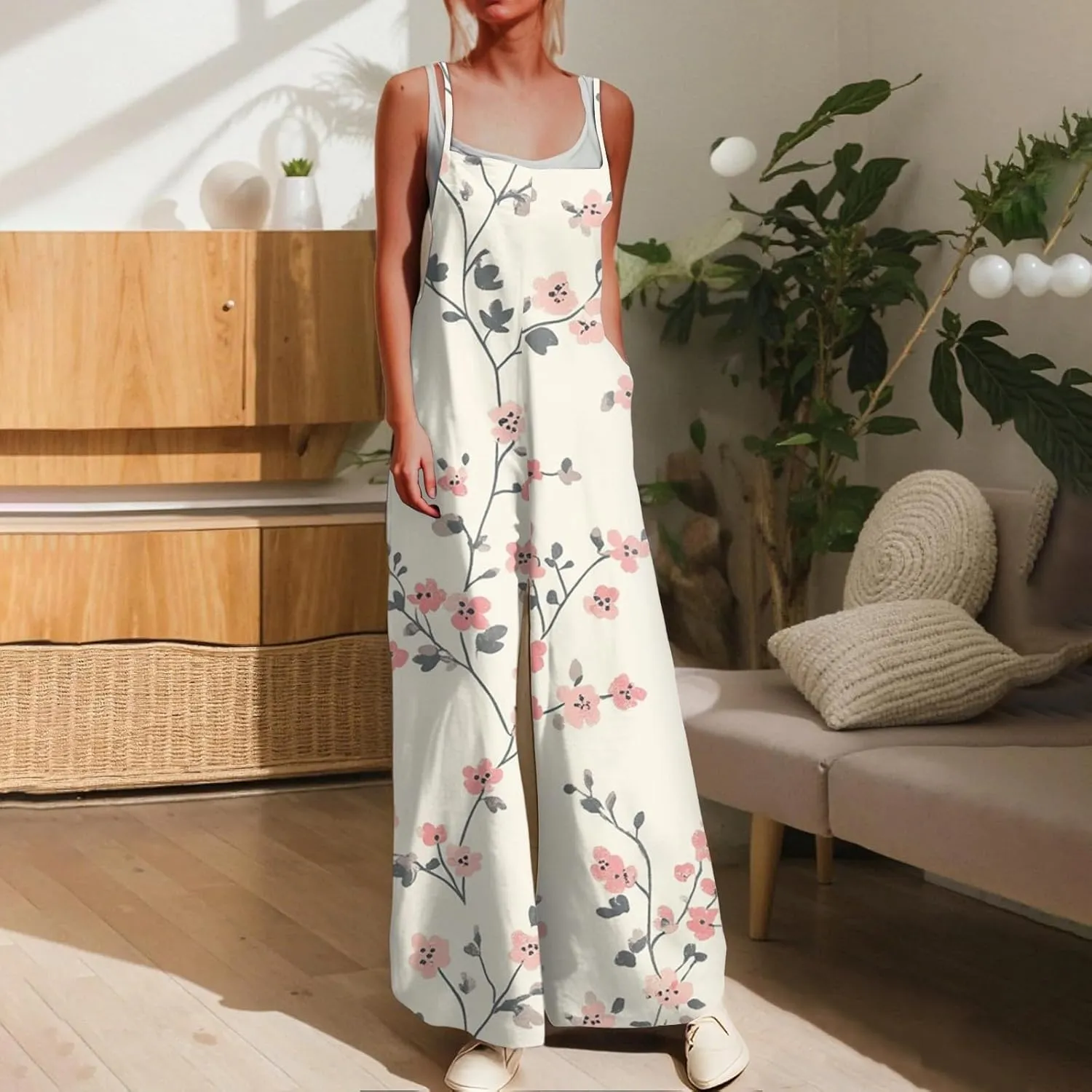 Women's Jumpsuits, Rompers & Overalls Wide Leg Woman Sleeveless Floral Summer 2025 Jumpsuit with Pocket
