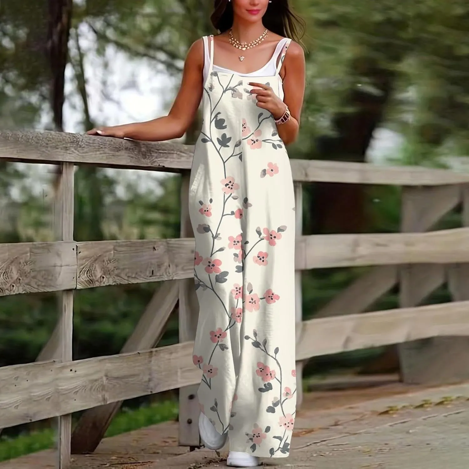Women's Jumpsuits, Rompers & Overalls Wide Leg Woman Sleeveless Floral Summer 2025 Jumpsuit with Pocket