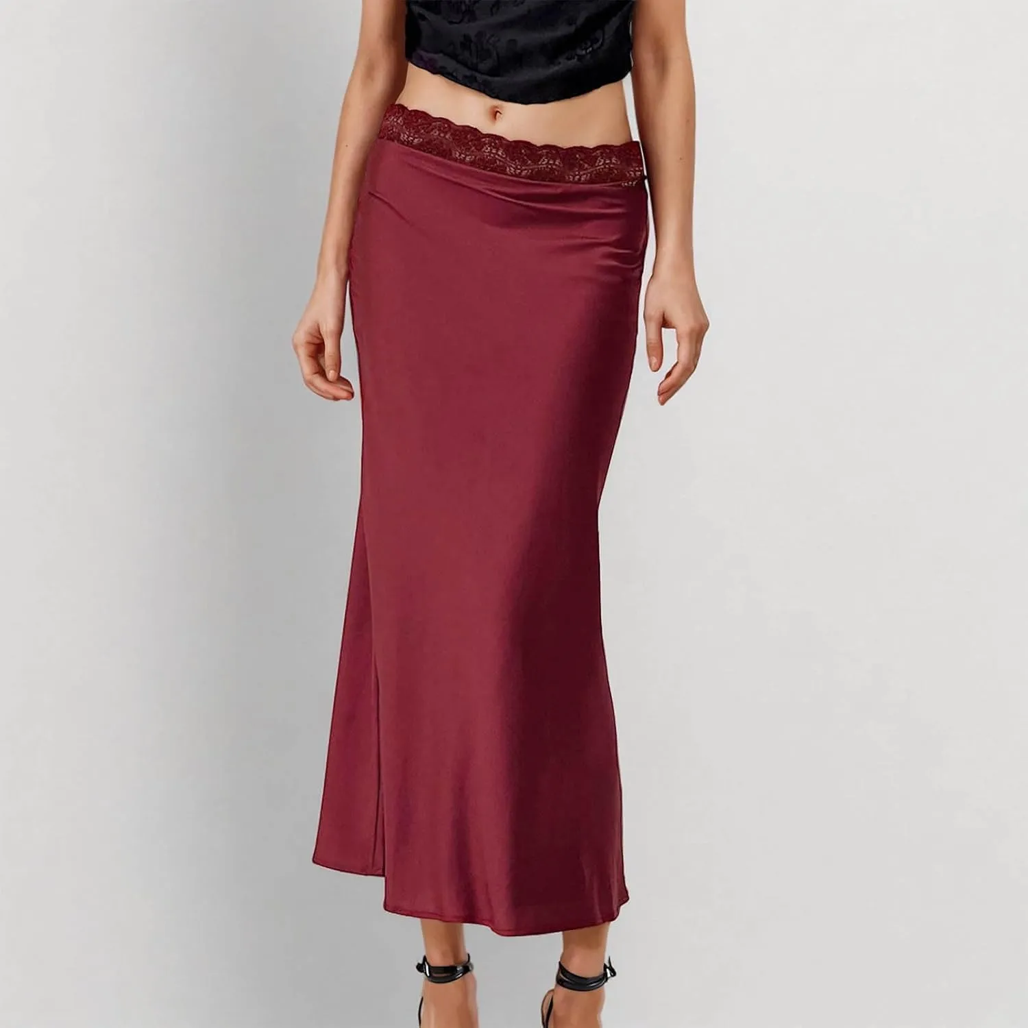 Women's Lace Trimmed Satin Midi Skirts Elastic Waist Elegant Flowy Skirt for Formal Evening Date, Cocktail Party