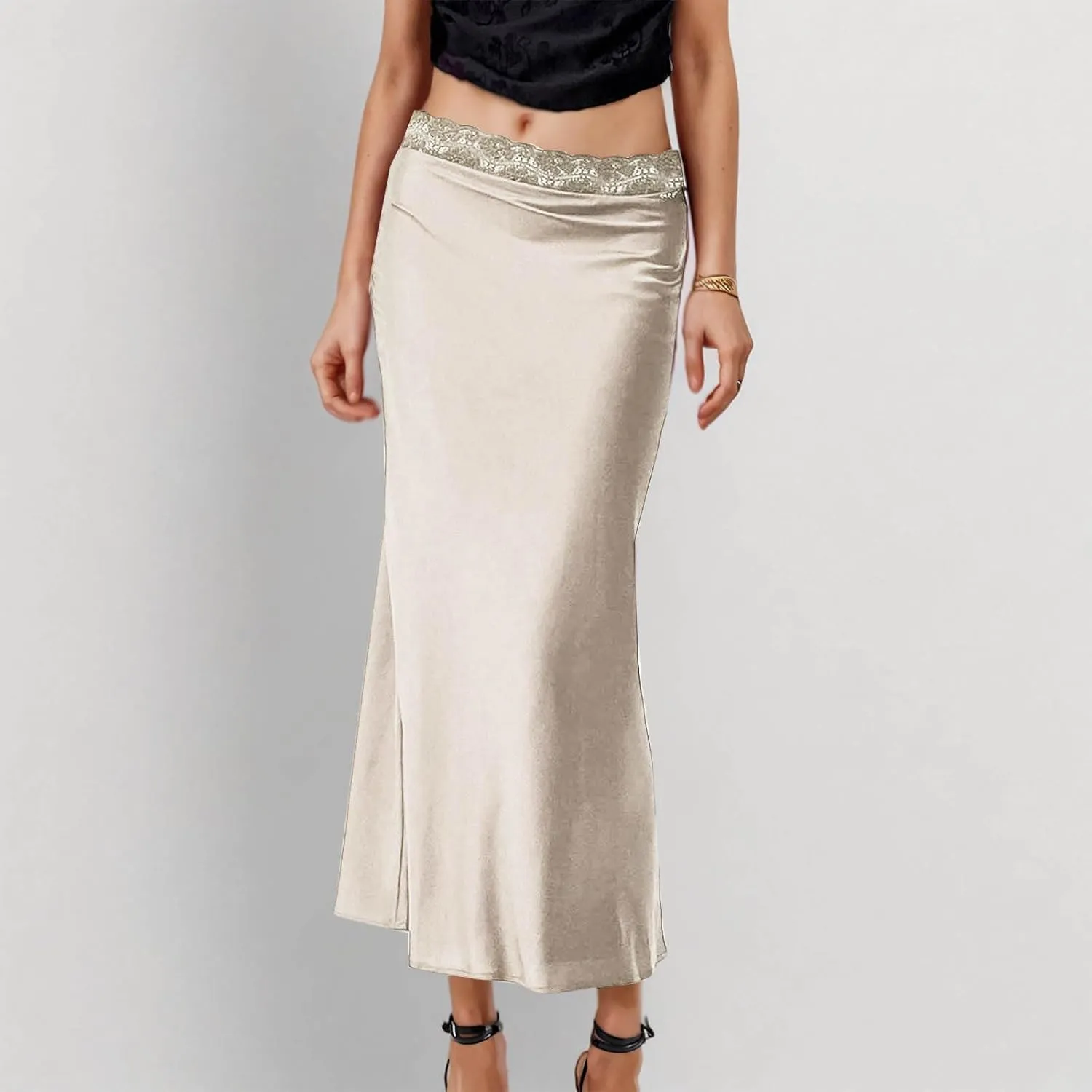 Women's Lace Trimmed Satin Midi Skirts Elastic Waist Elegant Flowy Skirt for Formal Evening Date, Cocktail Party