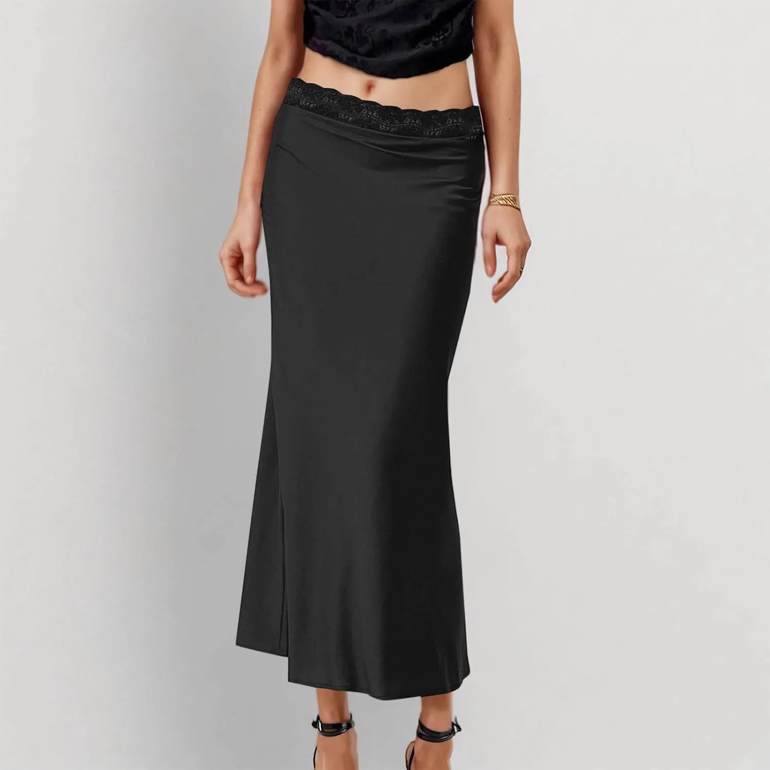 Women's Lace Trimmed Satin Midi Skirts Elastic Waist Elegant Flowy Skirt for Formal Evening Date, Cocktail Party