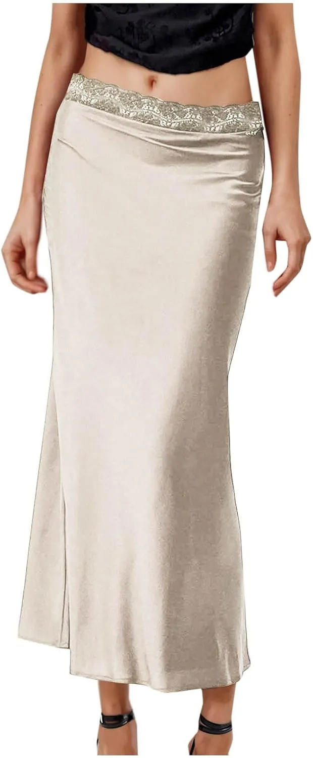 Women's Lace Trimmed Satin Midi Skirts Elastic Waist Elegant Flowy Skirt for Formal Evening Date, Cocktail Party