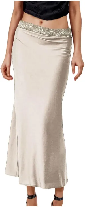Women's Lace Trimmed Satin Midi Skirts Elastic Waist Elegant Flowy Skirt for Formal Evening Date, Cocktail Party