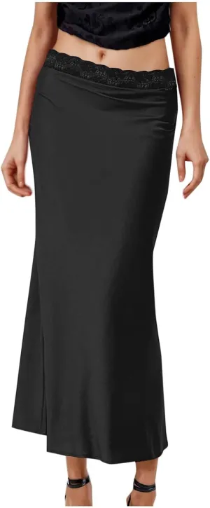 Women's Lace Trimmed Satin Midi Skirts Elastic Waist Elegant Flowy Skirt for Formal Evening Date, Cocktail Party