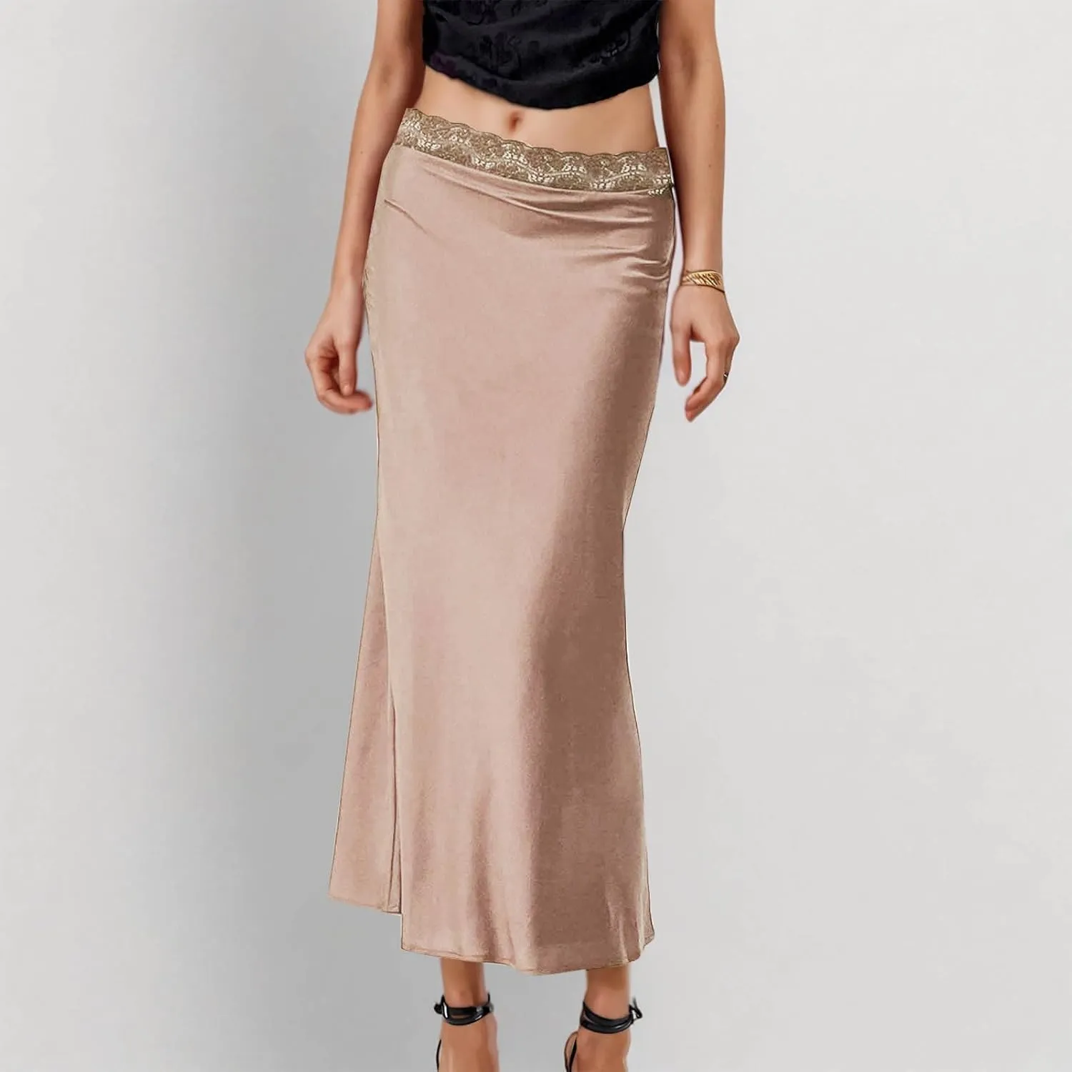 Women's Lace Trimmed Satin Midi Skirts Elastic Waist Elegant Flowy Skirt for Formal Evening Date, Cocktail Party