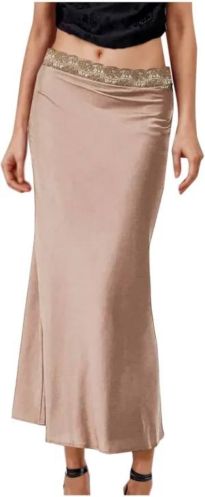 Women's Lace Trimmed Satin Midi Skirts Elastic Waist Elegant Flowy Skirt for Formal Evening Date, Cocktail Party