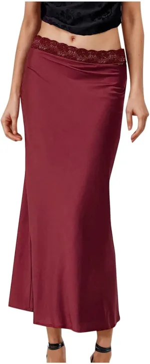 Women's Lace Trimmed Satin Midi Skirts Elastic Waist Elegant Flowy Skirt for Formal Evening Date, Cocktail Party