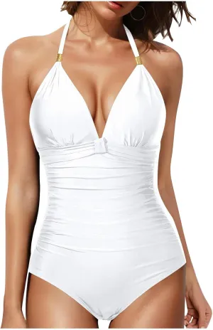Women's Lace Up Halter Deep V Neck Swimsuit Slimming Tummy Control Backless Bathing Suit Modest One Piece Beachwear