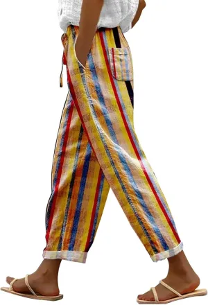 Women's Linen Capri Pants with Pockets Elastic Waist Cropped Trousers for Summer Adventures Casual Vacation Daily