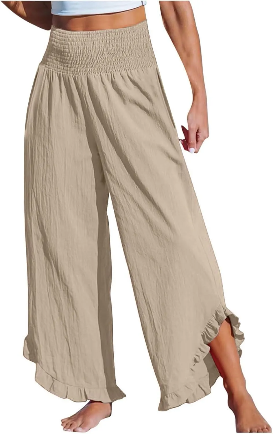 Womens Linen Pants with Pockets Casual High Waisted Pleated Irregular Cotton Linen Drawstring Elastic Waist Pants