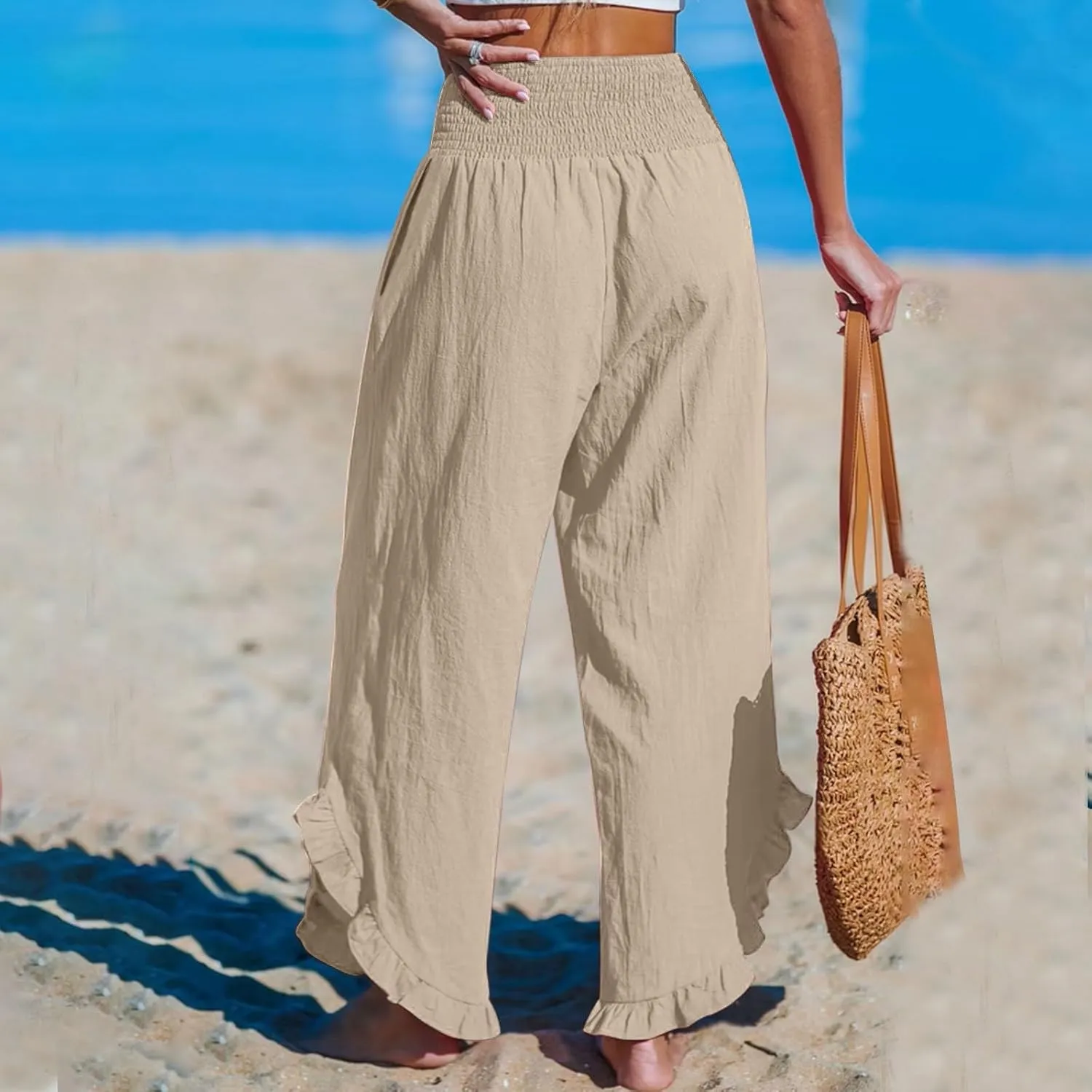 Womens Linen Pants with Pockets Casual High Waisted Pleated Irregular Cotton Linen Drawstring Elastic Waist Pants