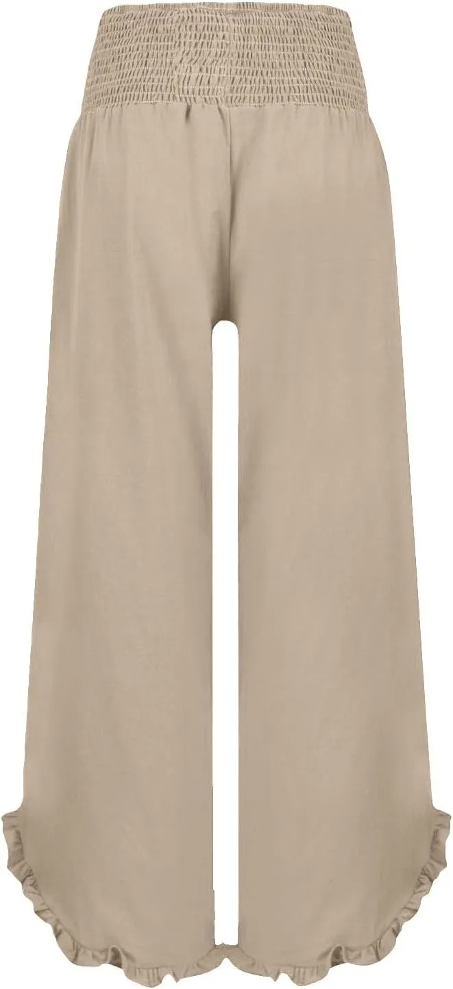 Womens Linen Pants with Pockets Casual High Waisted Pleated Irregular Cotton Linen Drawstring Elastic Waist Pants