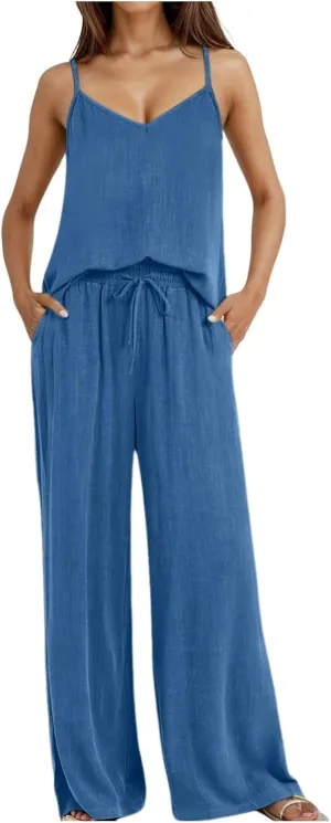 Womens Linen Set 2 Piece Linen Loungeset Casual Matching Pants Jumpsuit Summer Beach Travel Vacation Trendy