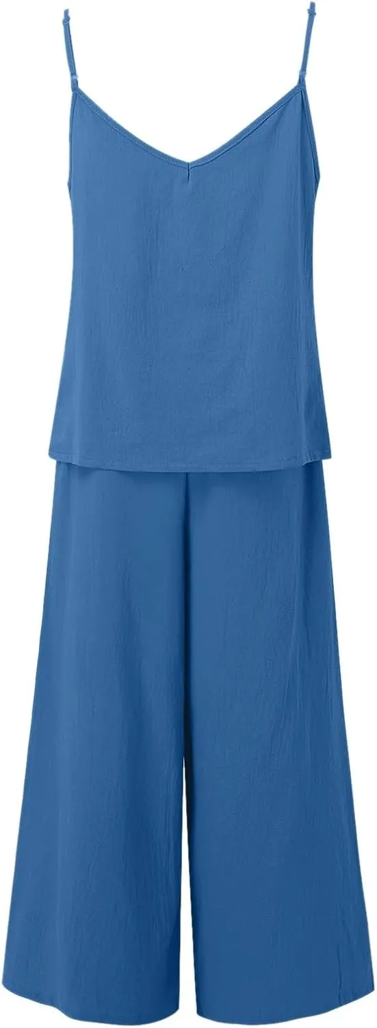 Womens Linen Set 2 Piece Linen Loungeset Casual Matching Pants Jumpsuit Summer Beach Travel Vacation Trendy