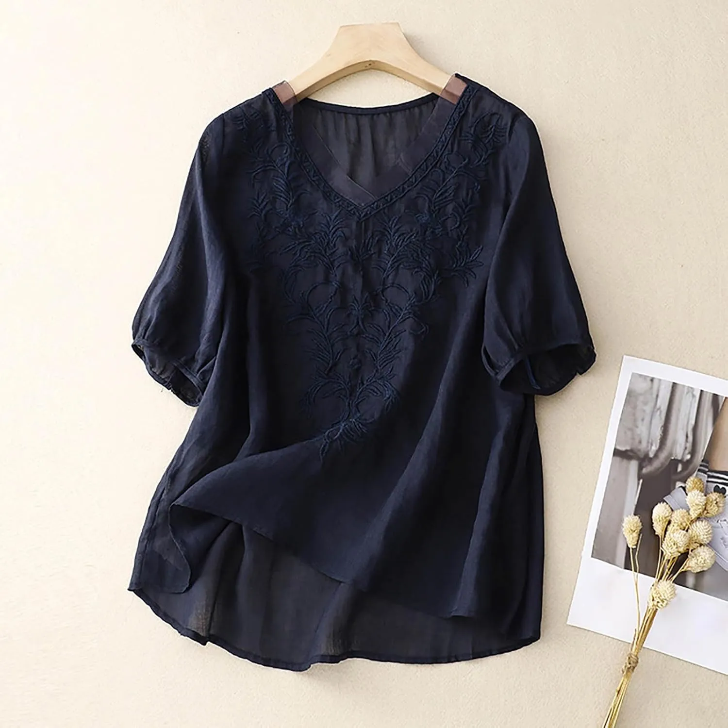 Womens Linen Shirts V-Neck Retro Blouse Boho Oversized Tshirts Short Sleeve Loose Fit Shirt